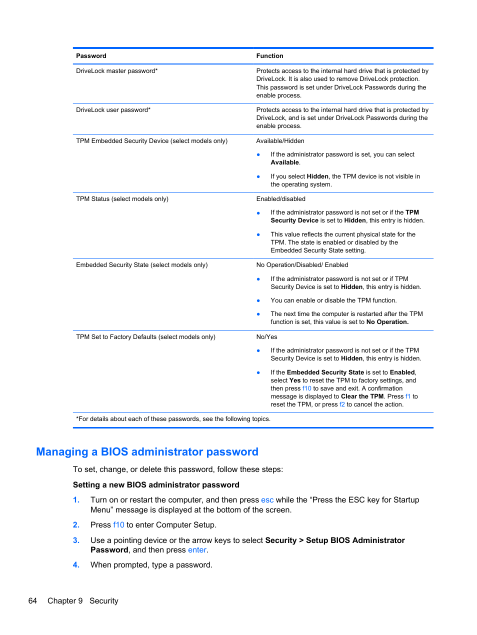 Managing a bios administrator password | HP ProBook 4446s Notebook-PC User Manual | Page 74 / 110