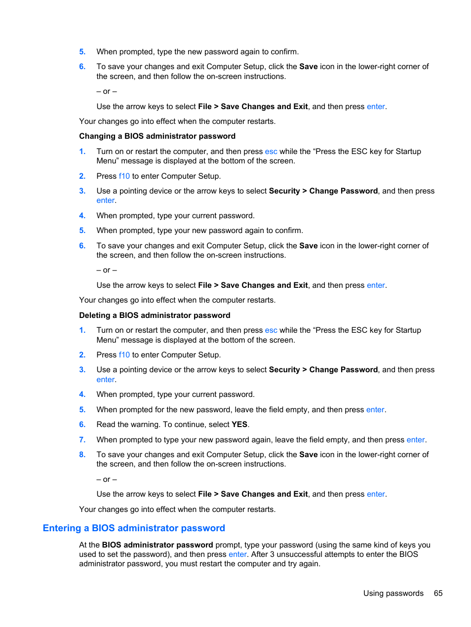 Entering a bios administrator password | HP ProBook 4446s Notebook-PC User Manual | Page 75 / 110