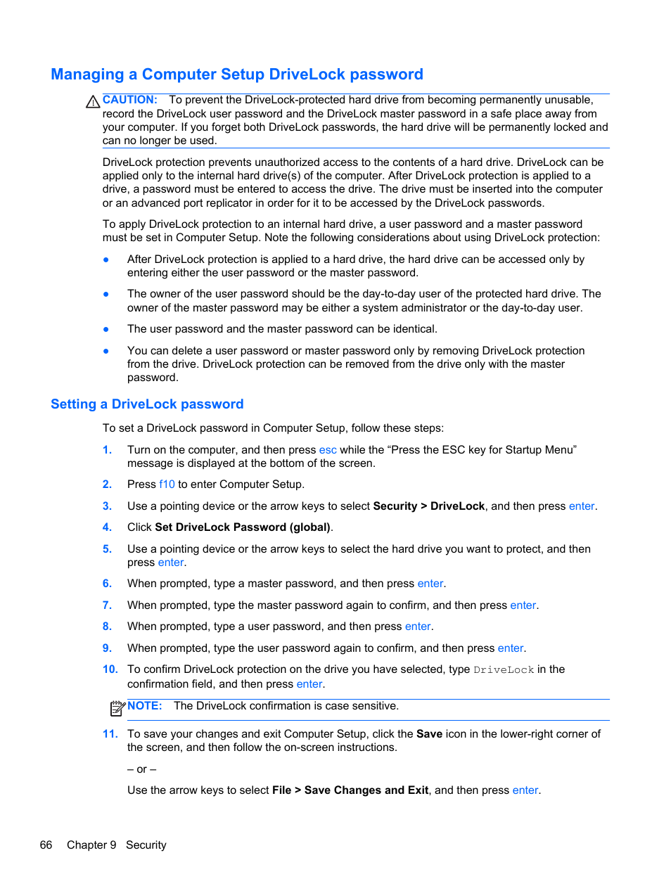 Managing a computer setup drivelock password, Setting a drivelock password | HP ProBook 4446s Notebook-PC User Manual | Page 76 / 110