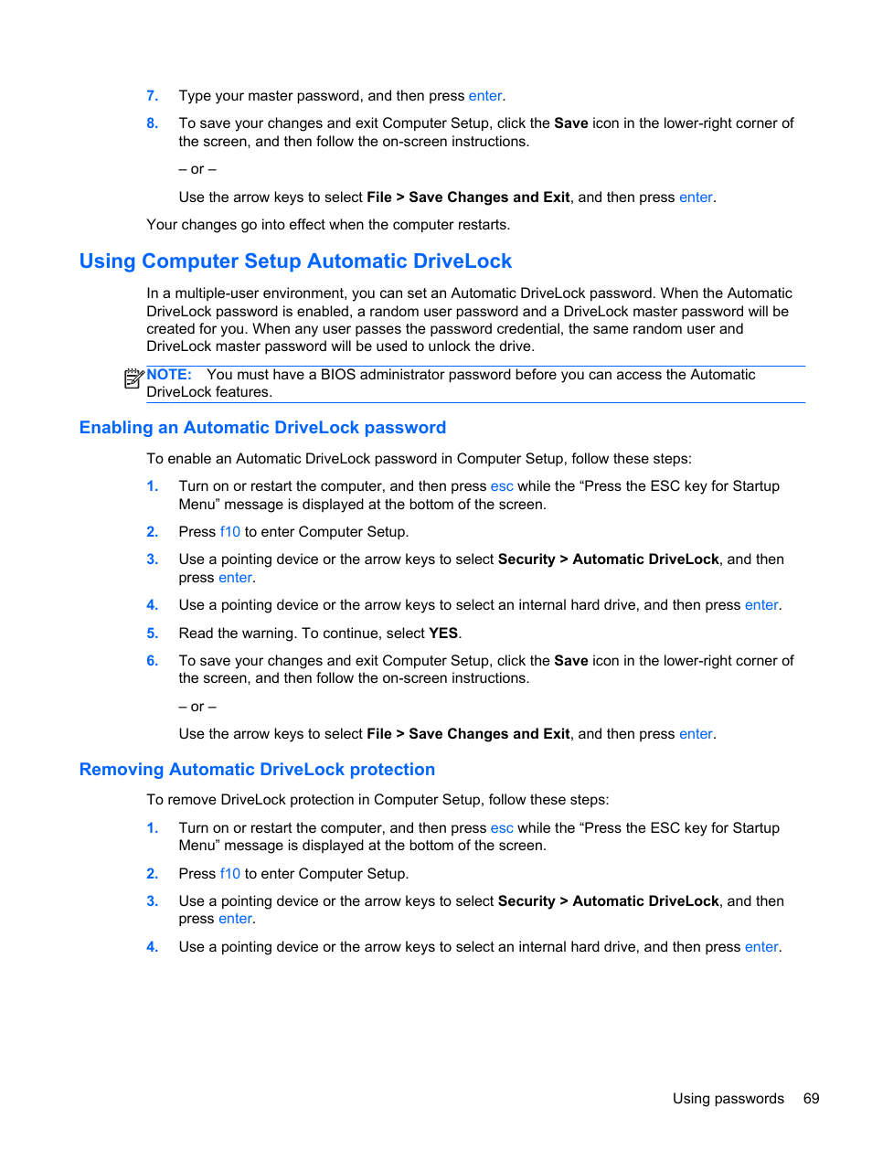 Using computer setup automatic drivelock, Enabling an automatic drivelock password, Removing automatic drivelock protection | HP ProBook 4446s Notebook-PC User Manual | Page 79 / 110