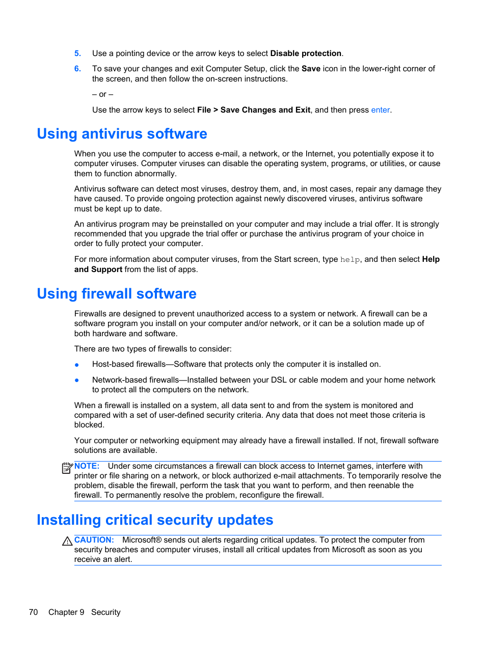 Using antivirus software, Using firewall software, Installing critical security updates | HP ProBook 4446s Notebook-PC User Manual | Page 80 / 110