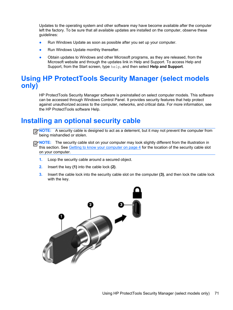 Installing an optional security cable | HP ProBook 4446s Notebook-PC User Manual | Page 81 / 110