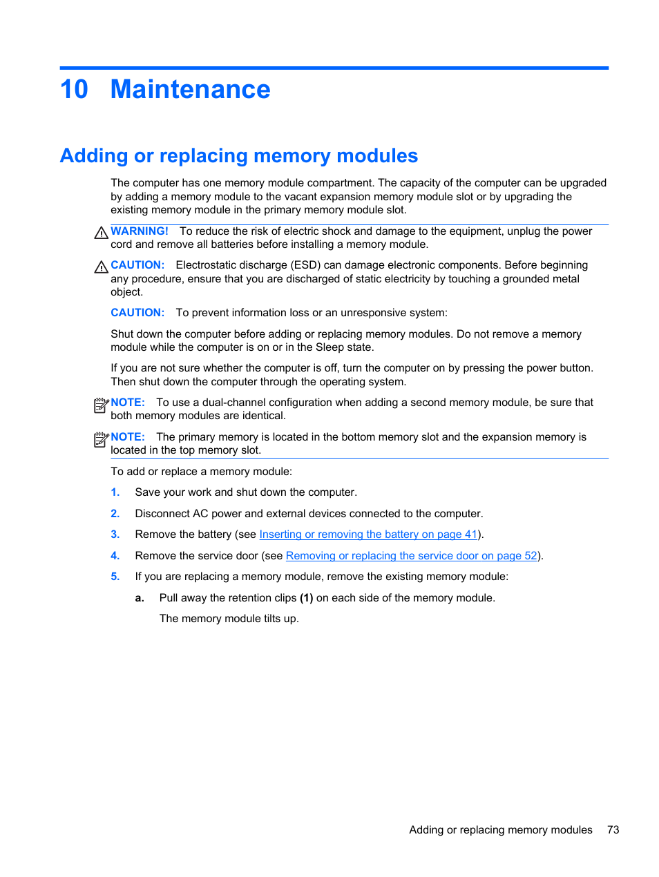 Maintenance, Adding or replacing memory modules, 10 maintenance | HP ProBook 4446s Notebook-PC User Manual | Page 83 / 110