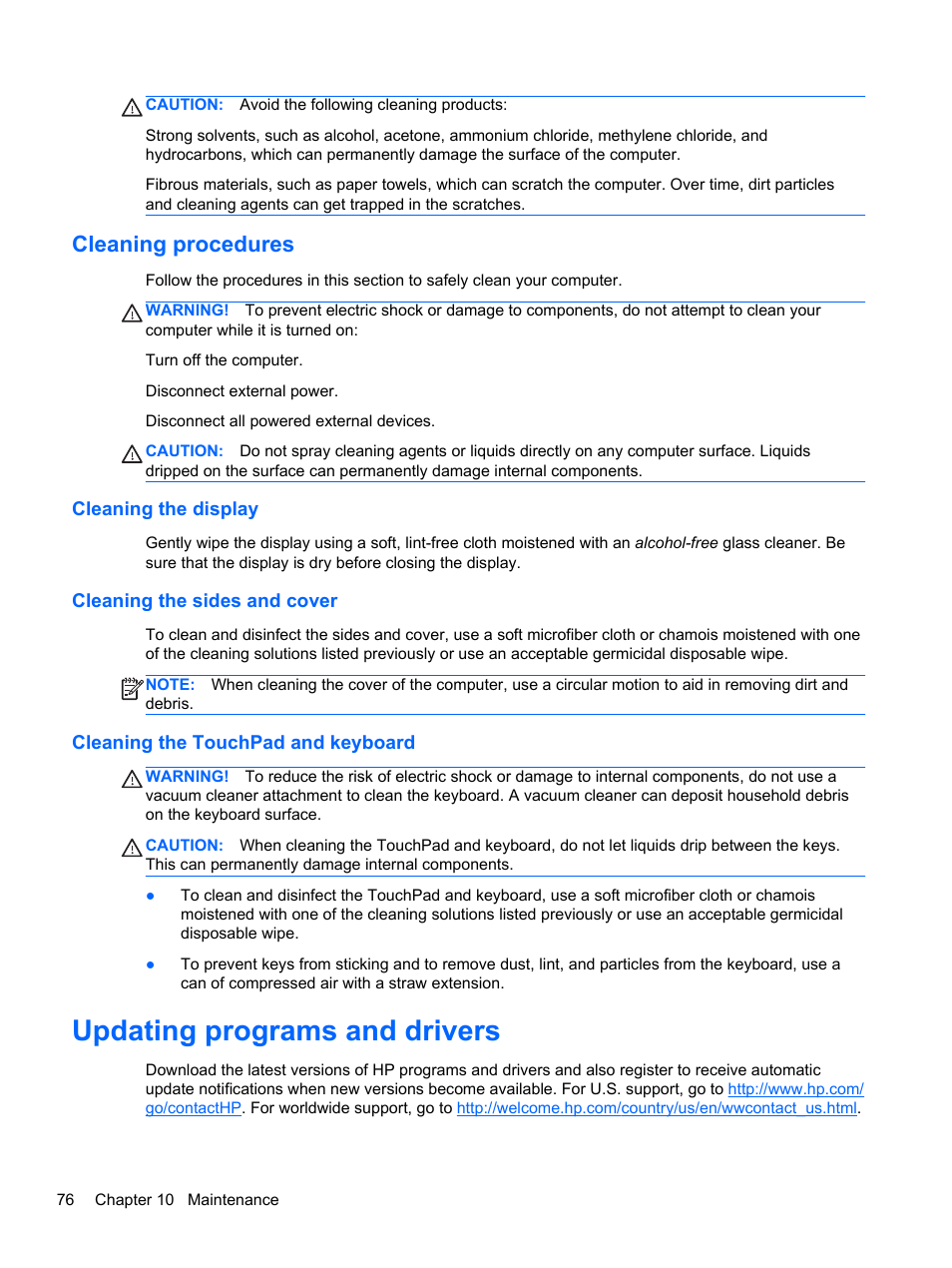 Cleaning procedures, Cleaning the display, Cleaning the sides and cover | Cleaning the touchpad and keyboard, Updating programs and drivers | HP ProBook 4446s Notebook-PC User Manual | Page 86 / 110