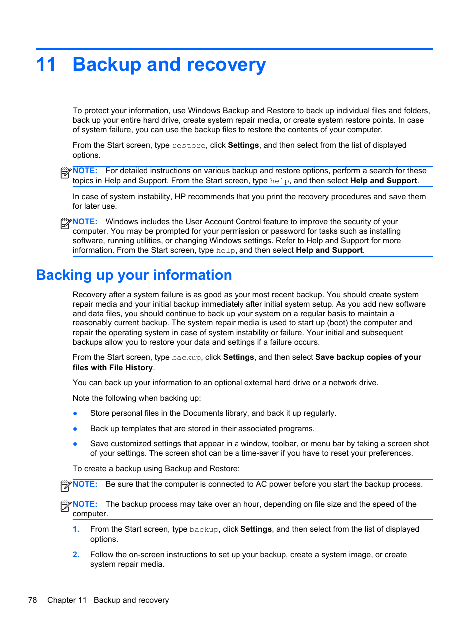 Backup and recovery, Backing up your information, 11 backup and recovery | HP ProBook 4446s Notebook-PC User Manual | Page 88 / 110