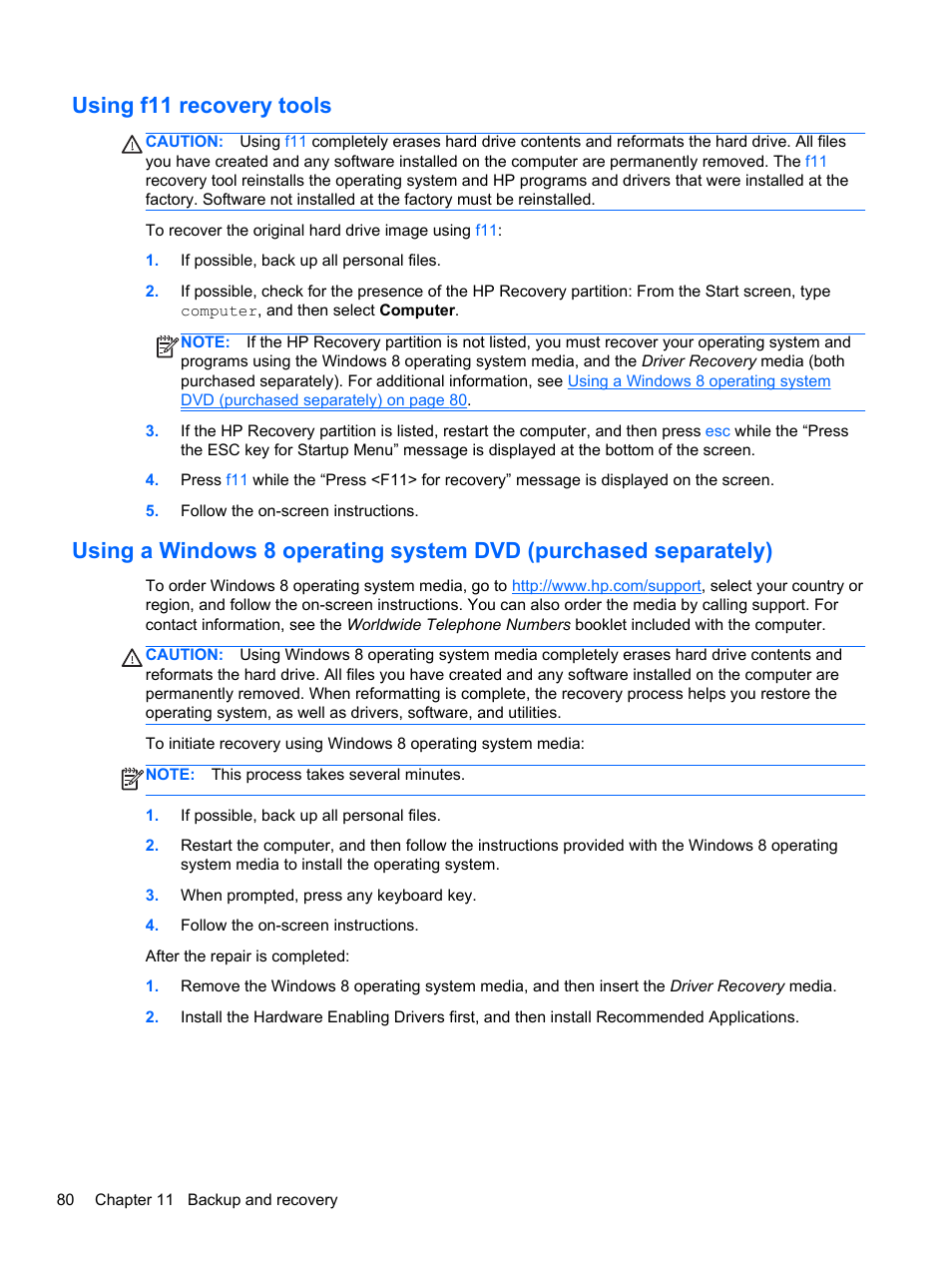 Using f11 recovery tools, Using a windows 8, Using a | HP ProBook 4446s Notebook-PC User Manual | Page 90 / 110