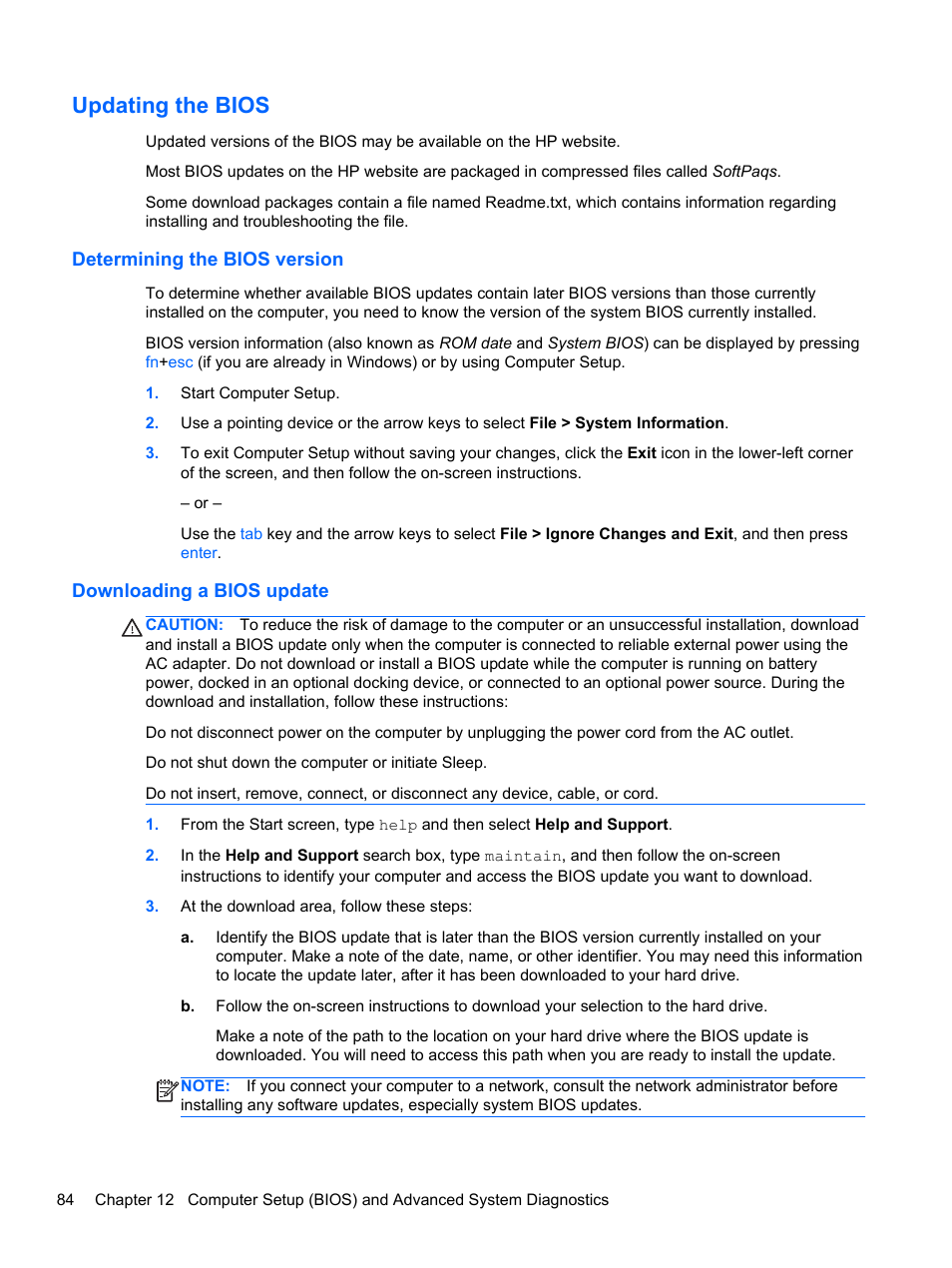 Updating the bios, Determining the bios version, Downloading a bios update | HP ProBook 4446s Notebook-PC User Manual | Page 94 / 110