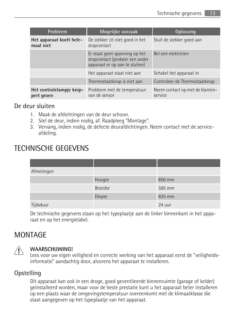 Technische gegevens, Montage, De deur sluiten | Opstelling | AEG A60120GS4 User Manual | Page 13 / 64