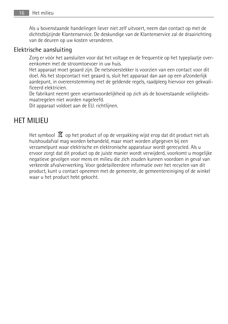 Het milieu, Elektrische aansluiting | AEG A60120GS4 User Manual | Page 16 / 64