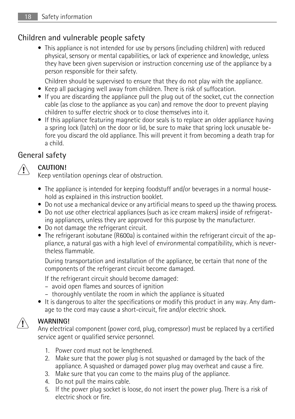 Children and vulnerable people safety, General safety | AEG A60120GS4 User Manual | Page 18 / 64