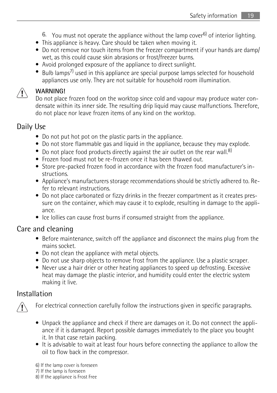 Daily use, Care and cleaning, Installation | AEG A60120GS4 User Manual | Page 19 / 64