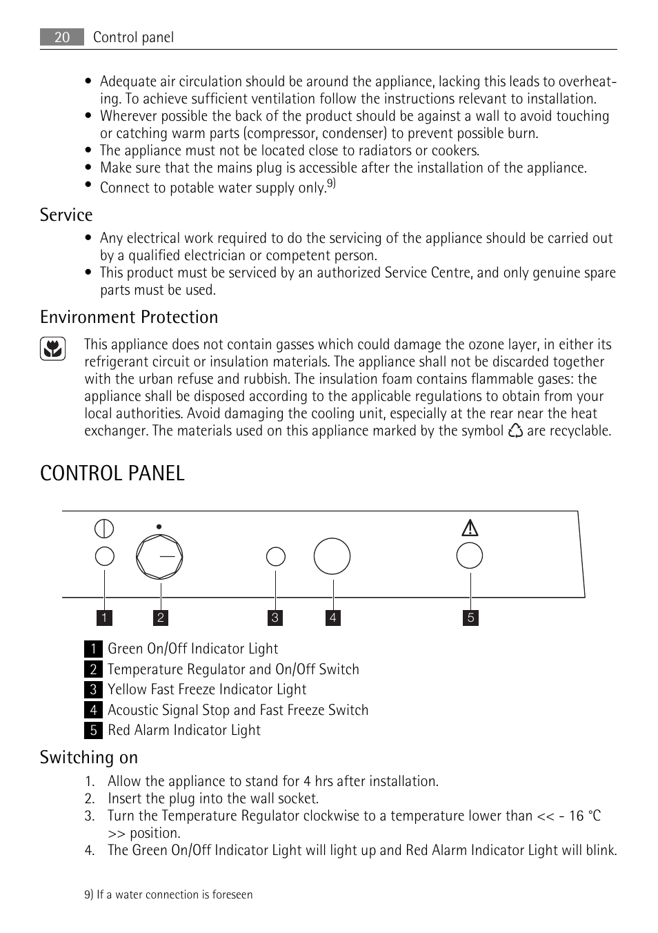 Control panel, Service, Environment protection | Switching on | AEG A60120GS4 User Manual | Page 20 / 64