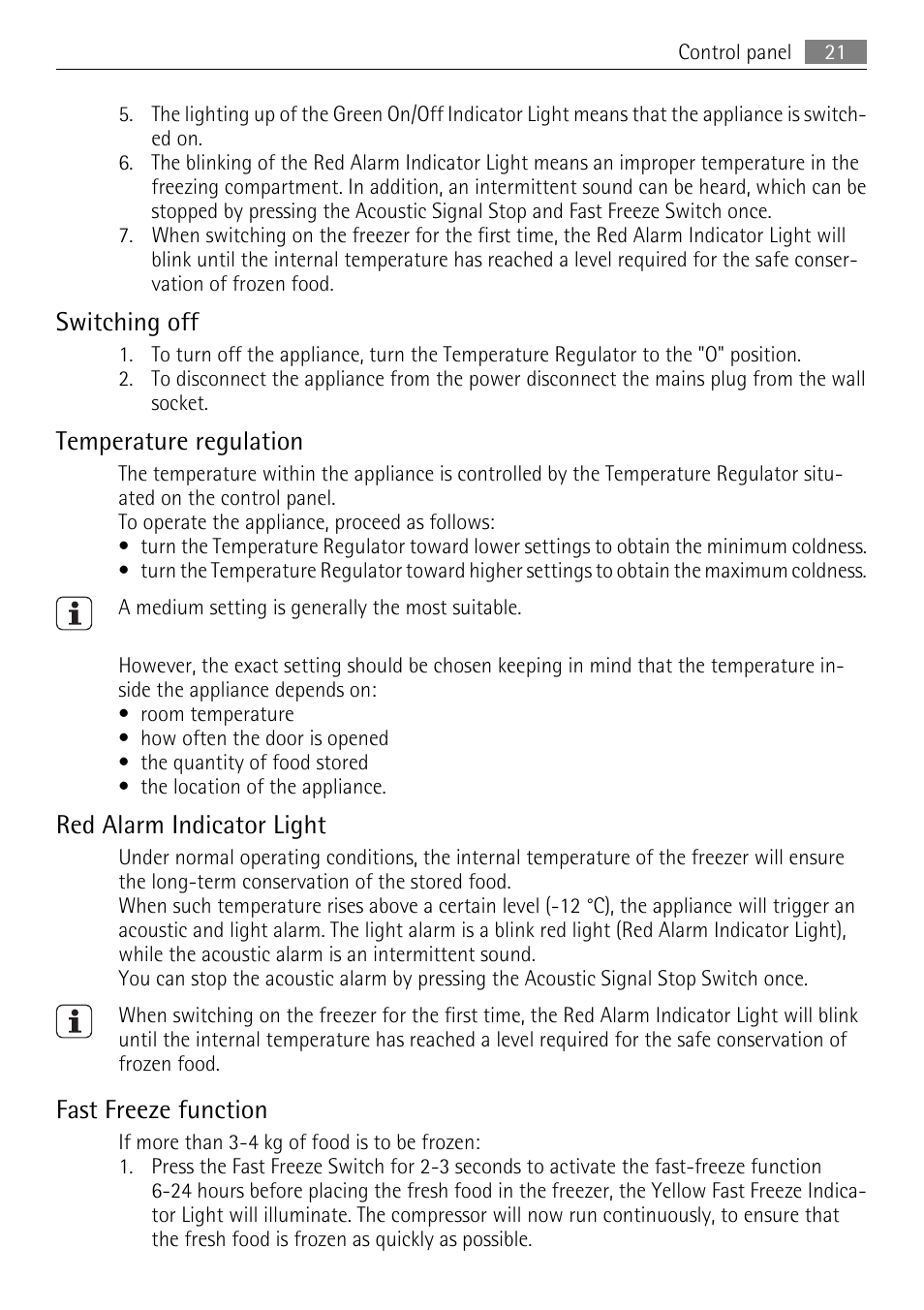 Switching off, Temperature regulation, Red alarm indicator light | Fast freeze function | AEG A60120GS4 User Manual | Page 21 / 64
