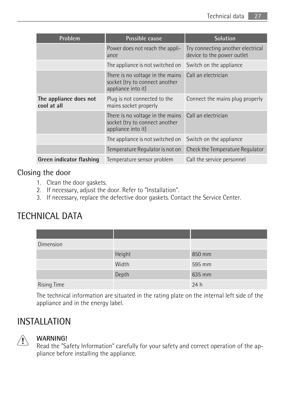 Technical data, Installation, Closing the door | AEG A60120GS4 User Manual | Page 27 / 64