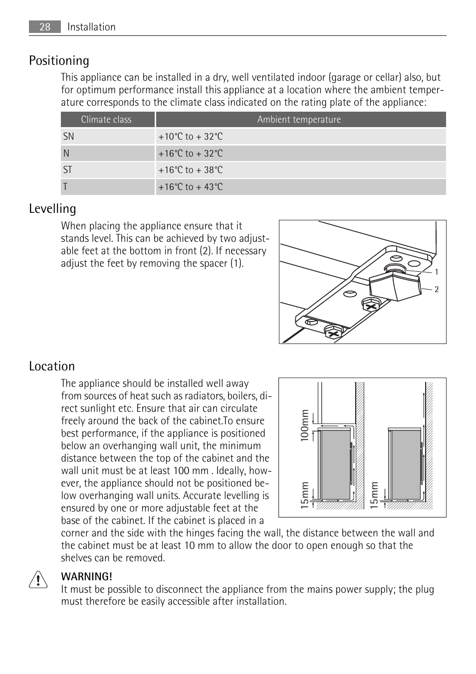 Positioning, Levelling, Location | AEG A60120GS4 User Manual | Page 28 / 64