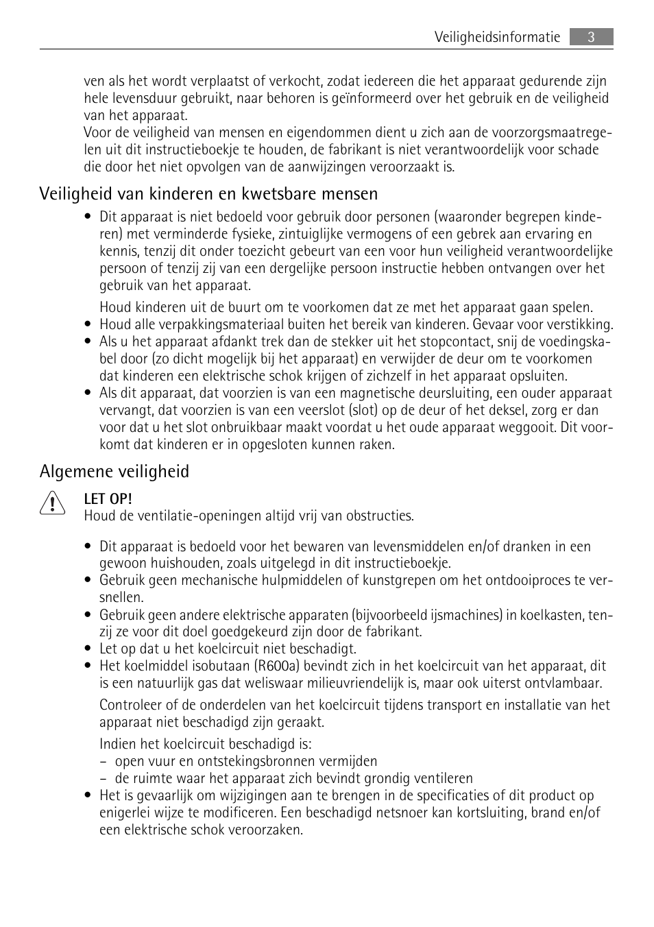 Veiligheid van kinderen en kwetsbare mensen, Algemene veiligheid | AEG A60120GS4 User Manual | Page 3 / 64