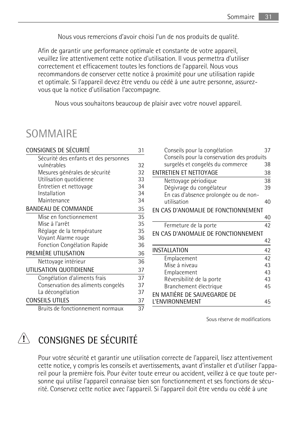 Sommaire, Consignes de sécurité | AEG A60120GS4 User Manual | Page 31 / 64