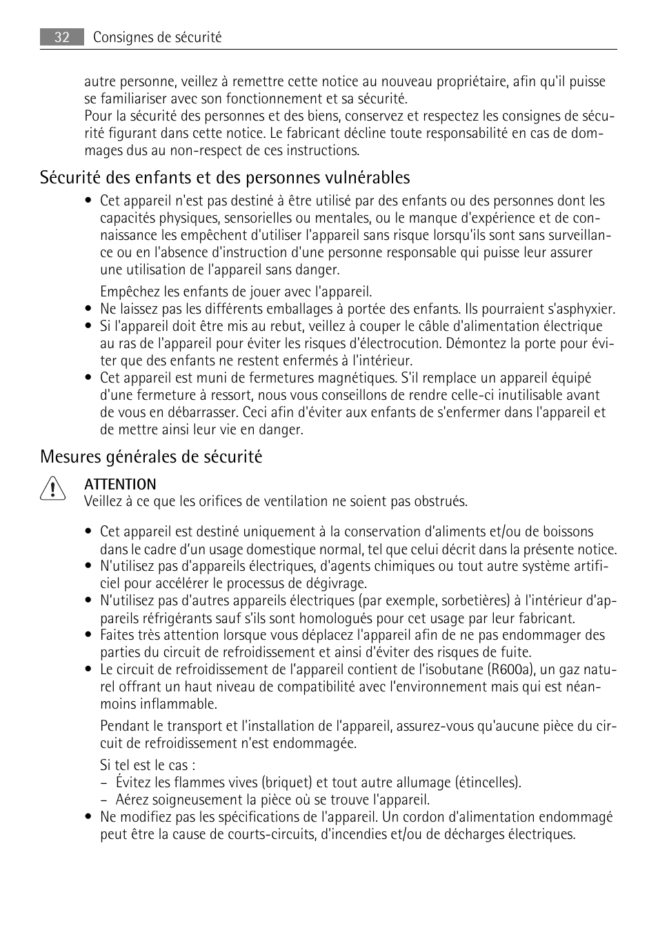 Sécurité des enfants et des personnes vulnérables, Mesures générales de sécurité | AEG A60120GS4 User Manual | Page 32 / 64