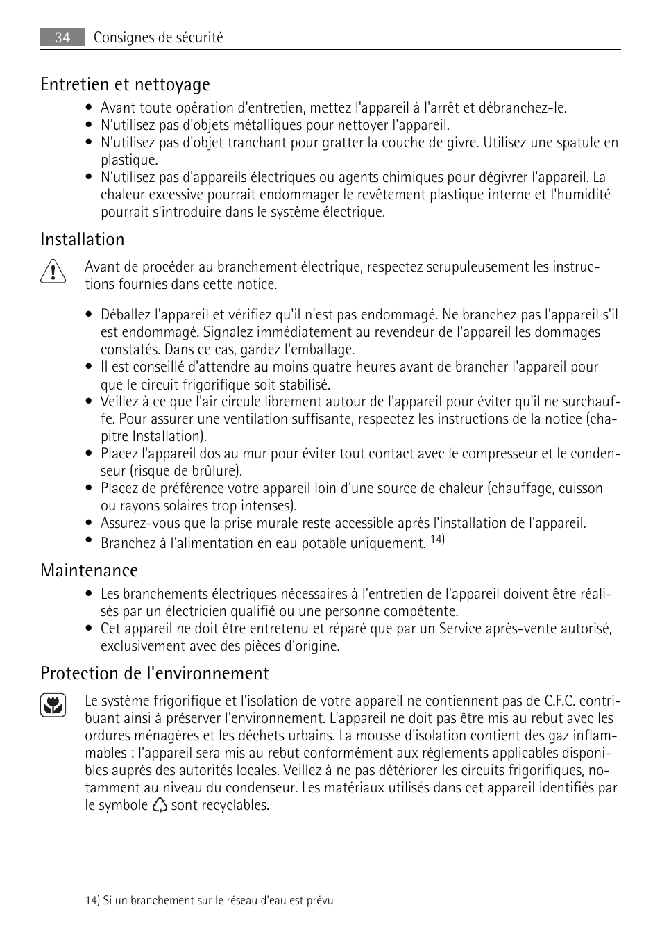 Entretien et nettoyage, Installation, Maintenance | Protection de l'environnement | AEG A60120GS4 User Manual | Page 34 / 64