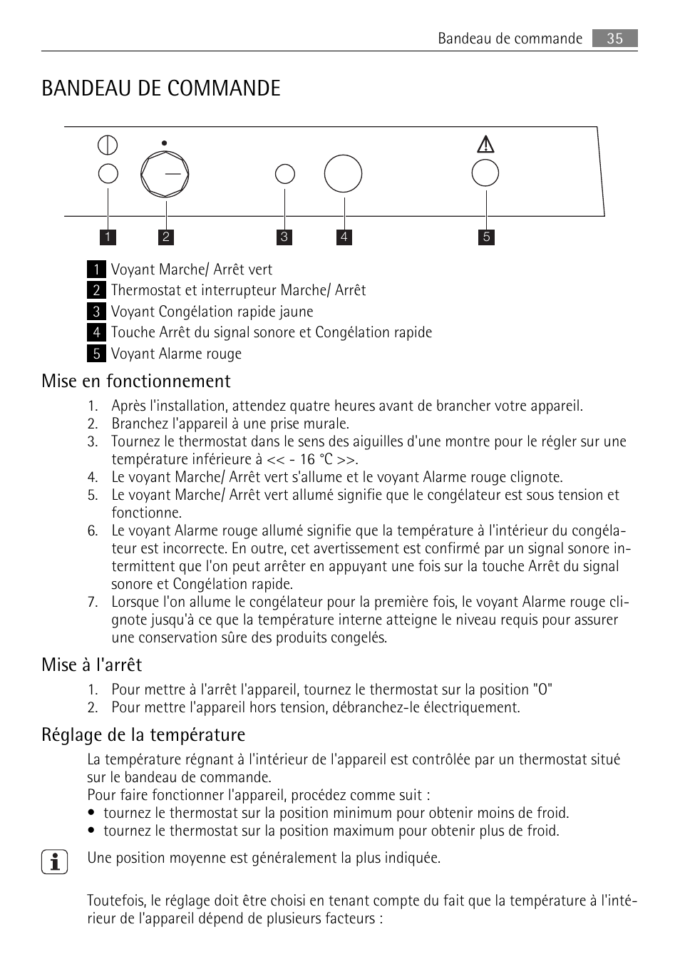 Bandeau de commande, Mise en fonctionnement, Mise à l'arrêt | Réglage de la température | AEG A60120GS4 User Manual | Page 35 / 64
