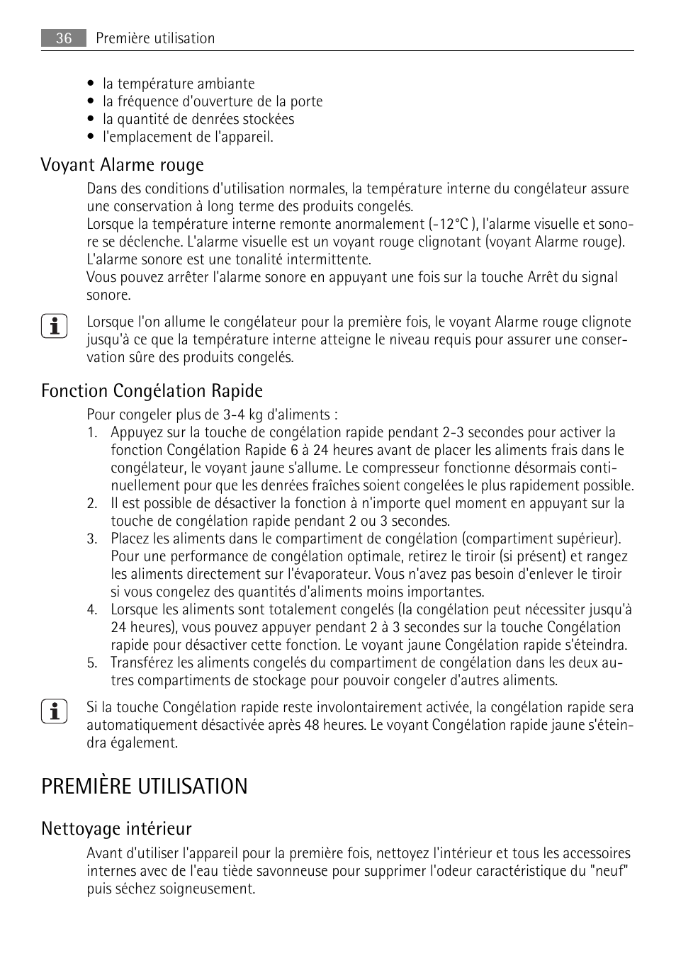 Première utilisation, Voyant alarme rouge, Fonction congélation rapide | Nettoyage intérieur | AEG A60120GS4 User Manual | Page 36 / 64