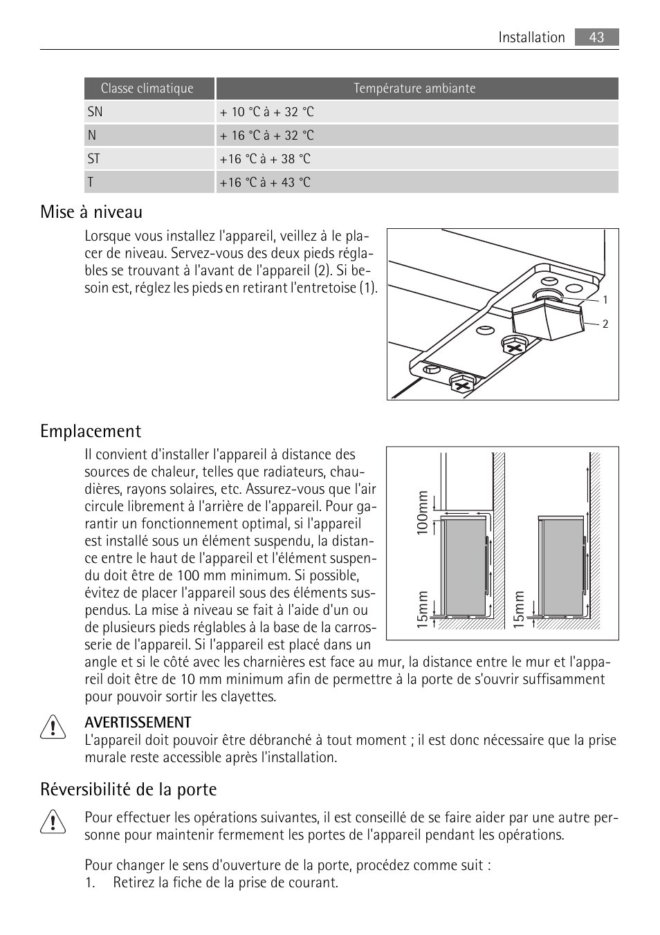 Mise à niveau, Emplacement, Réversibilité de la porte | AEG A60120GS4 User Manual | Page 43 / 64