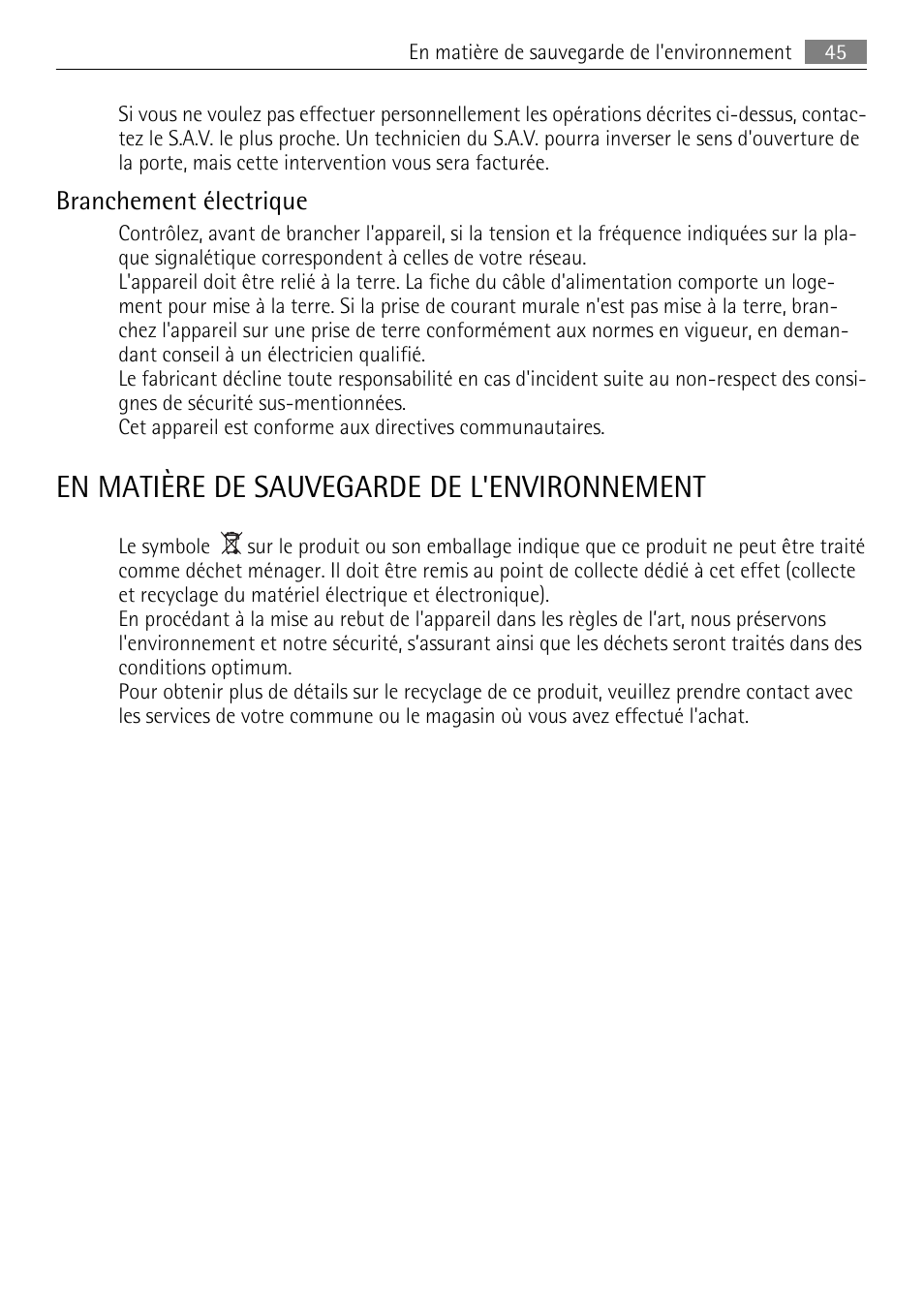 En matière de sauvegarde de l'environnement, Branchement électrique | AEG A60120GS4 User Manual | Page 45 / 64