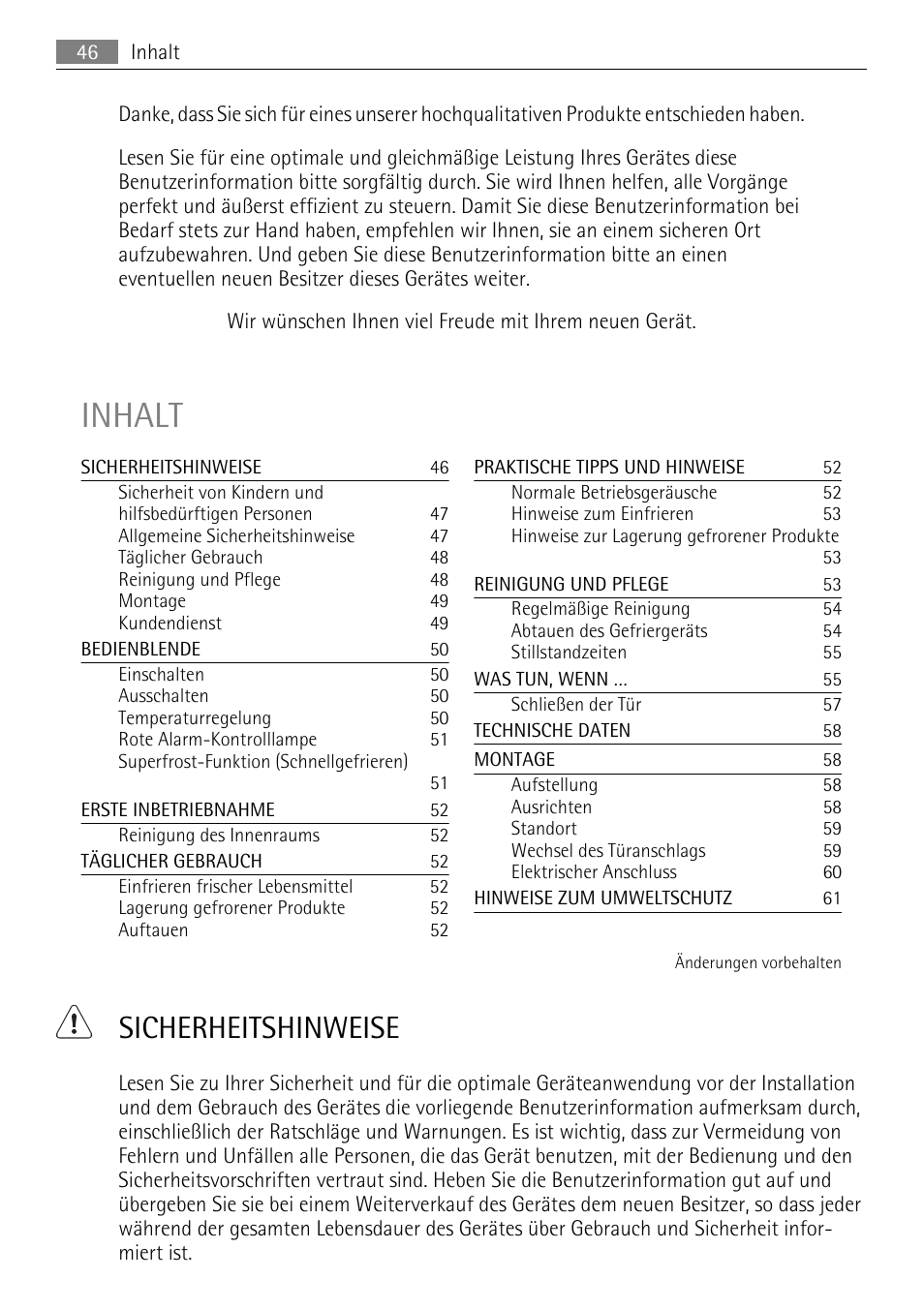 Inhalt, Sicherheitshinweise | AEG A60120GS4 User Manual | Page 46 / 64
