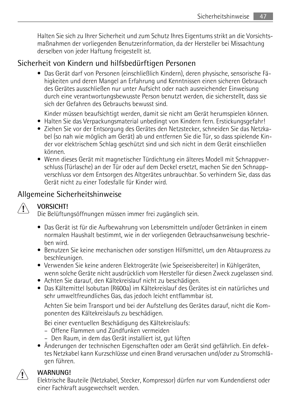Allgemeine sicherheitshinweise | AEG A60120GS4 User Manual | Page 47 / 64