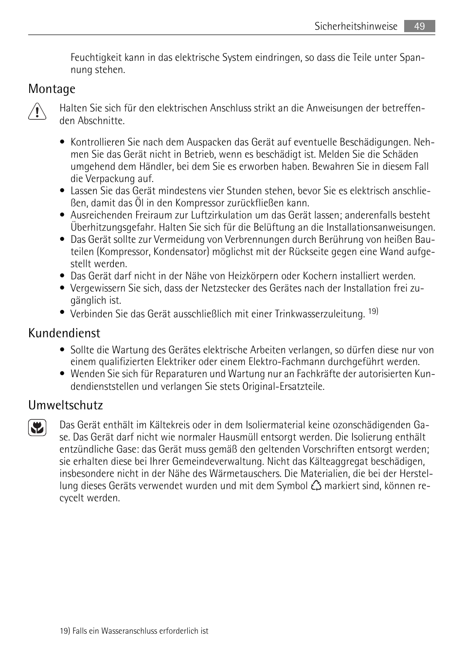 Montage, Kundendienst, Umweltschutz | AEG A60120GS4 User Manual | Page 49 / 64