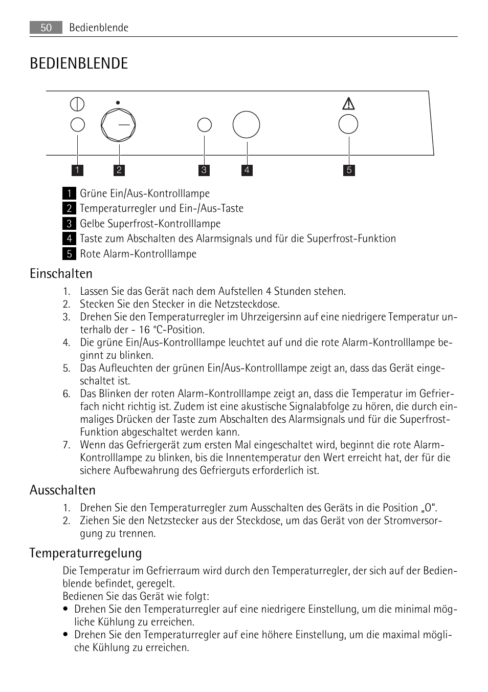 Bedienblende, Einschalten, Ausschalten | Temperaturregelung | AEG A60120GS4 User Manual | Page 50 / 64