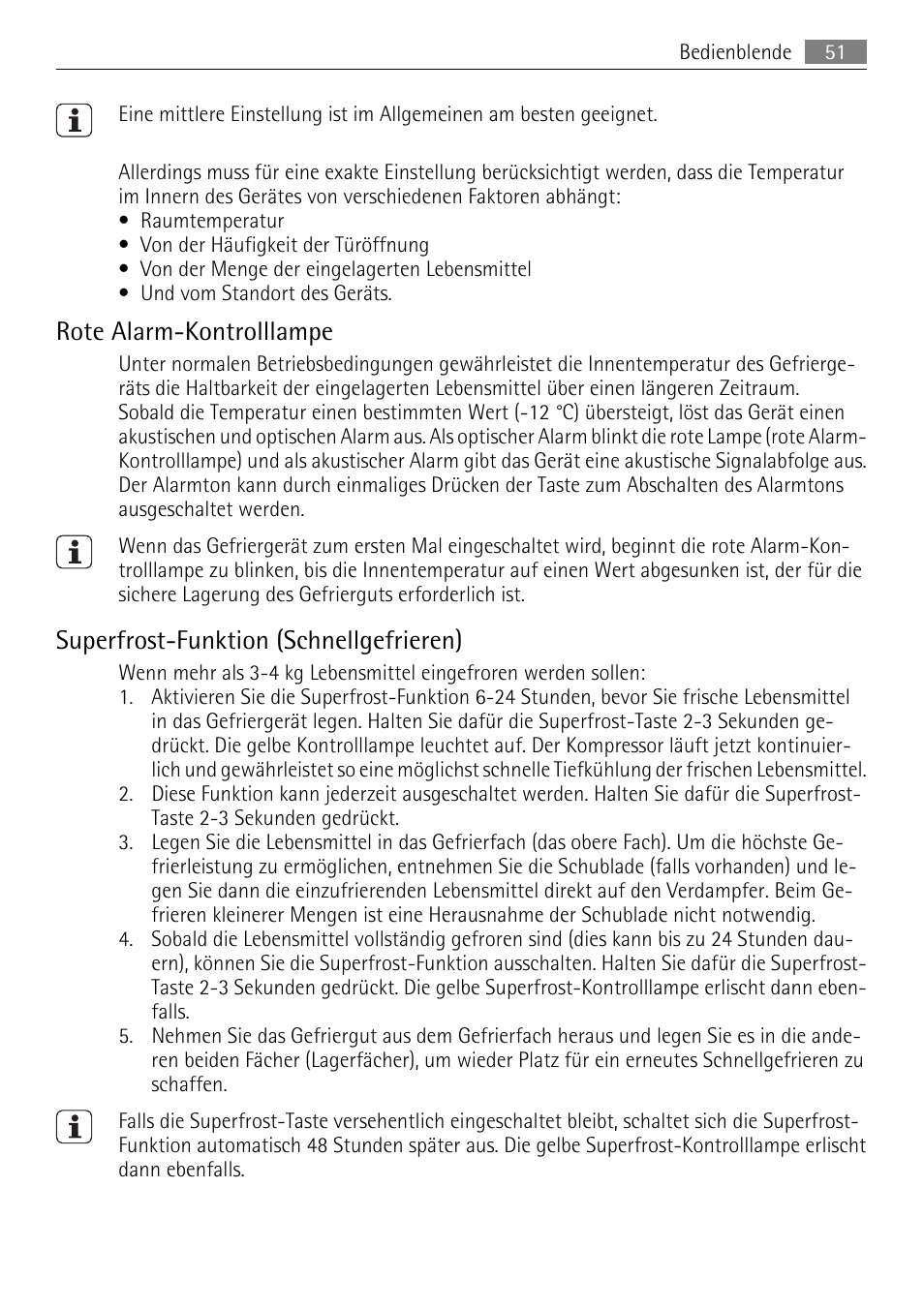 Rote alarm-kontrolllampe, Superfrost-funktion (schnellgefrieren) | AEG A60120GS4 User Manual | Page 51 / 64