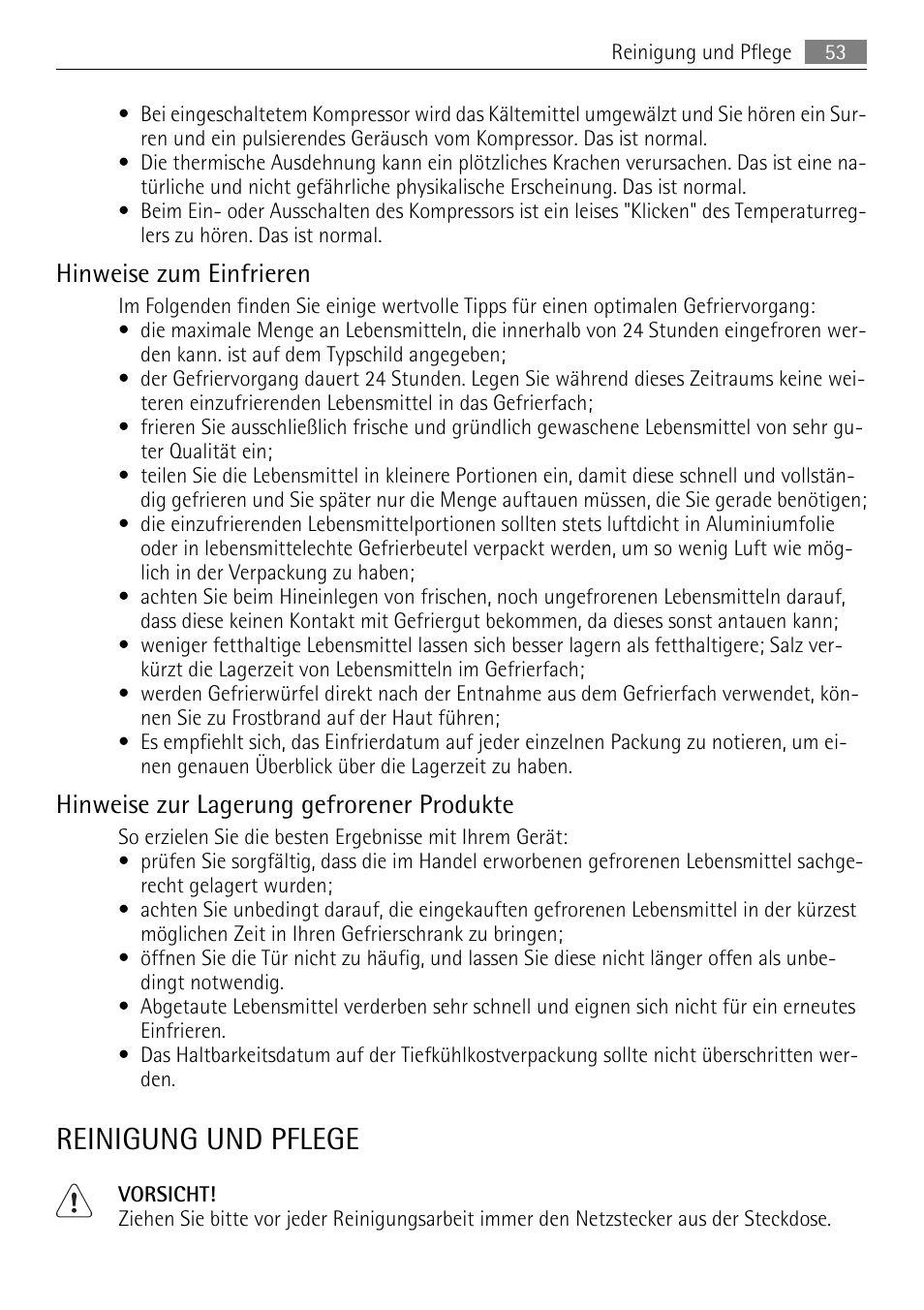Reinigung und pflege, Hinweise zum einfrieren, Hinweise zur lagerung gefrorener produkte | AEG A60120GS4 User Manual | Page 53 / 64