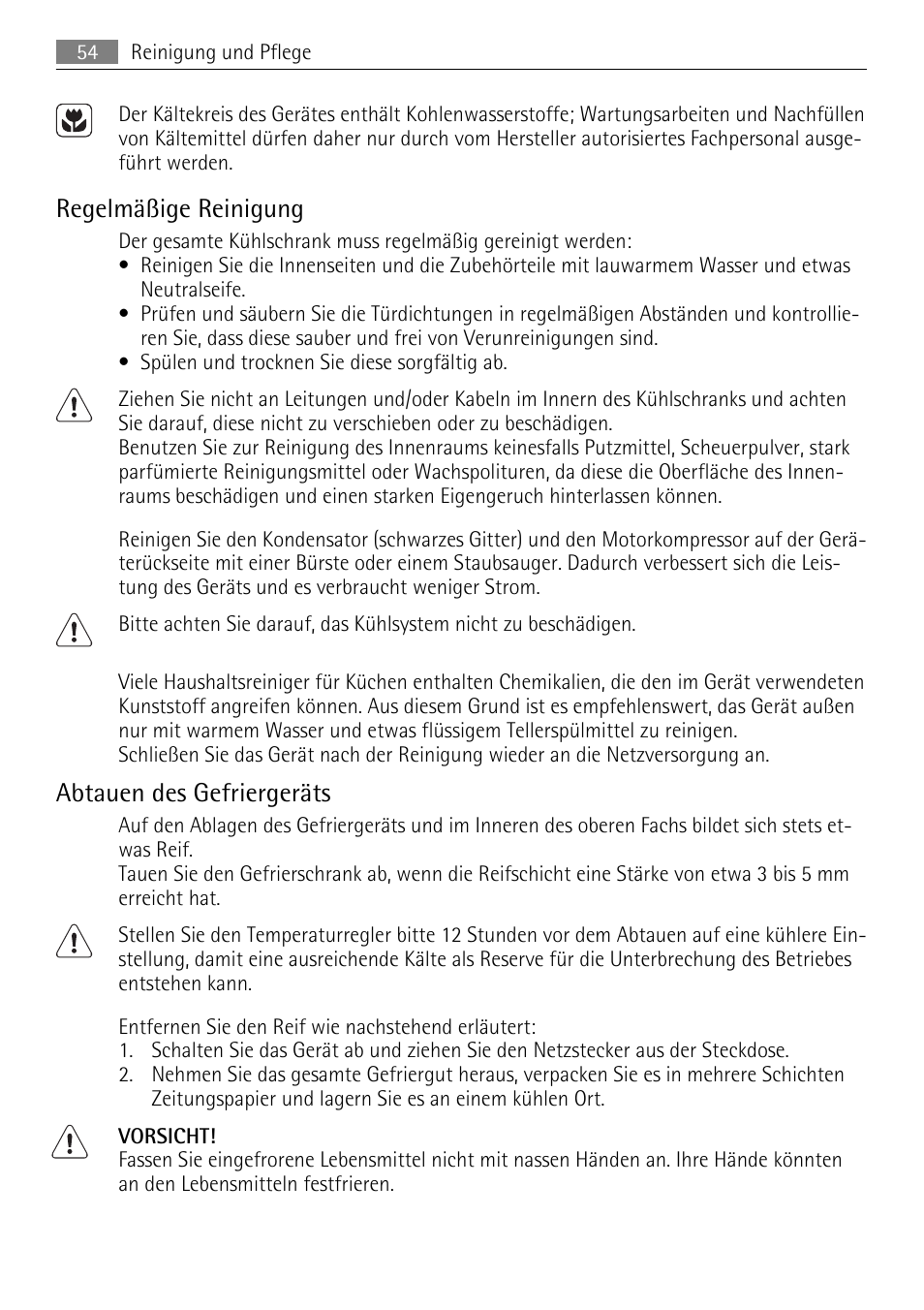 Regelmäßige reinigung, Abtauen des gefriergeräts | AEG A60120GS4 User Manual | Page 54 / 64