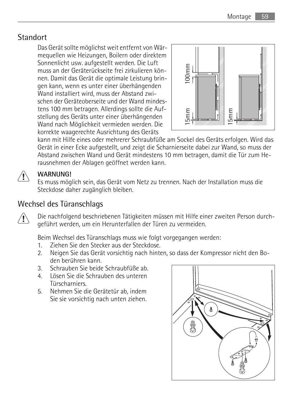 Standort, Wechsel des türanschlags | AEG A60120GS4 User Manual | Page 59 / 64