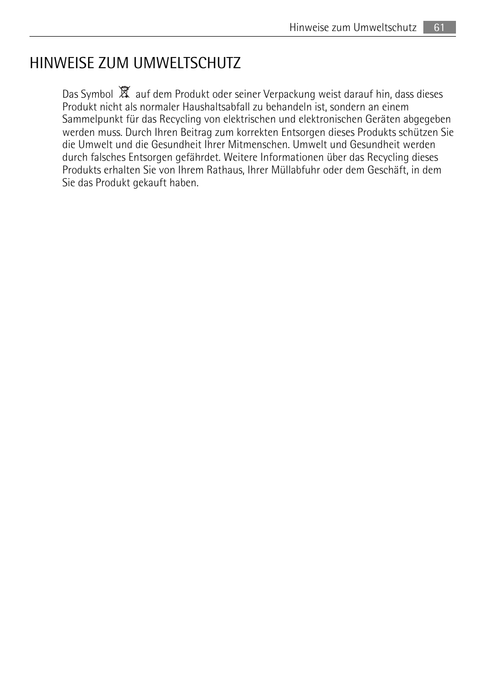 Hinweise zum umweltschutz | AEG A60120GS4 User Manual | Page 61 / 64