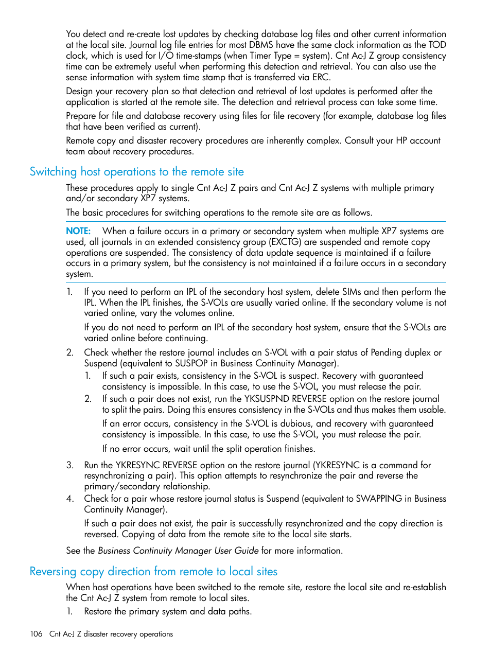 Switching host operations to the remote site, Switching host operations to the | HP XP7 Storage User Manual | Page 106 / 208