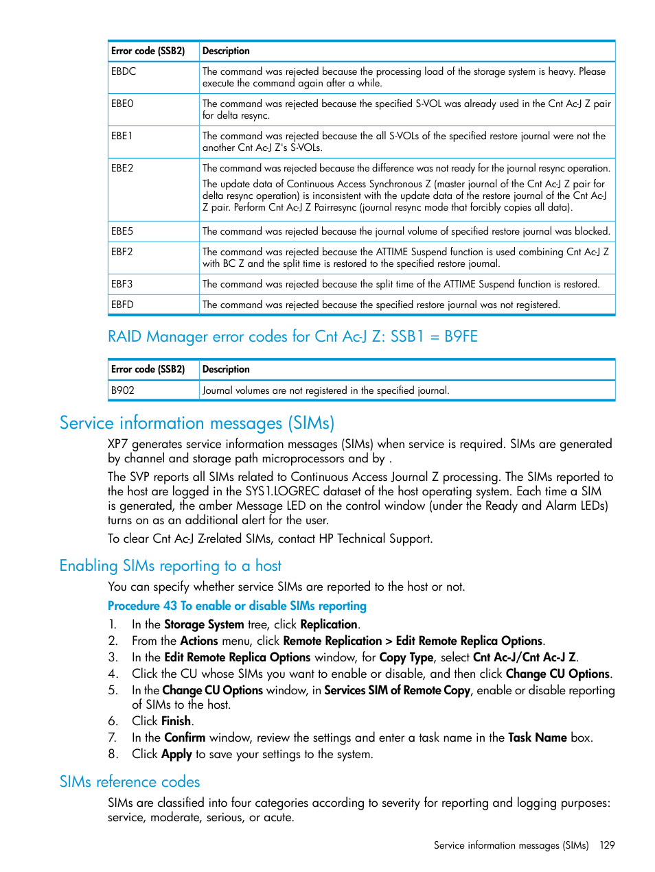 Service information messages (sims), Enabling sims reporting to a host, Sims reference codes | Service | HP XP7 Storage User Manual | Page 129 / 208