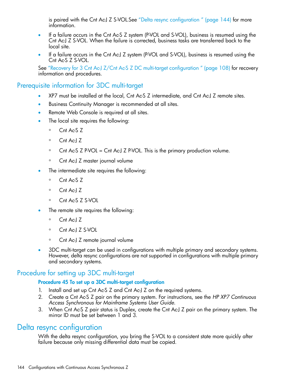 Prerequisite information for 3dc multi-target, Procedure for setting up 3dc multi-target, Delta resync configuration | Delta | HP XP7 Storage User Manual | Page 144 / 208