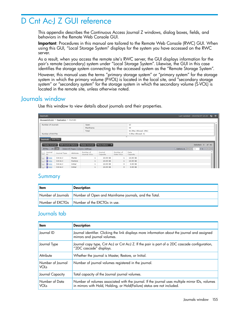 D cnt ac-j z gui reference, Journals window, Summary | Journals tab | HP XP7 Storage User Manual | Page 155 / 208