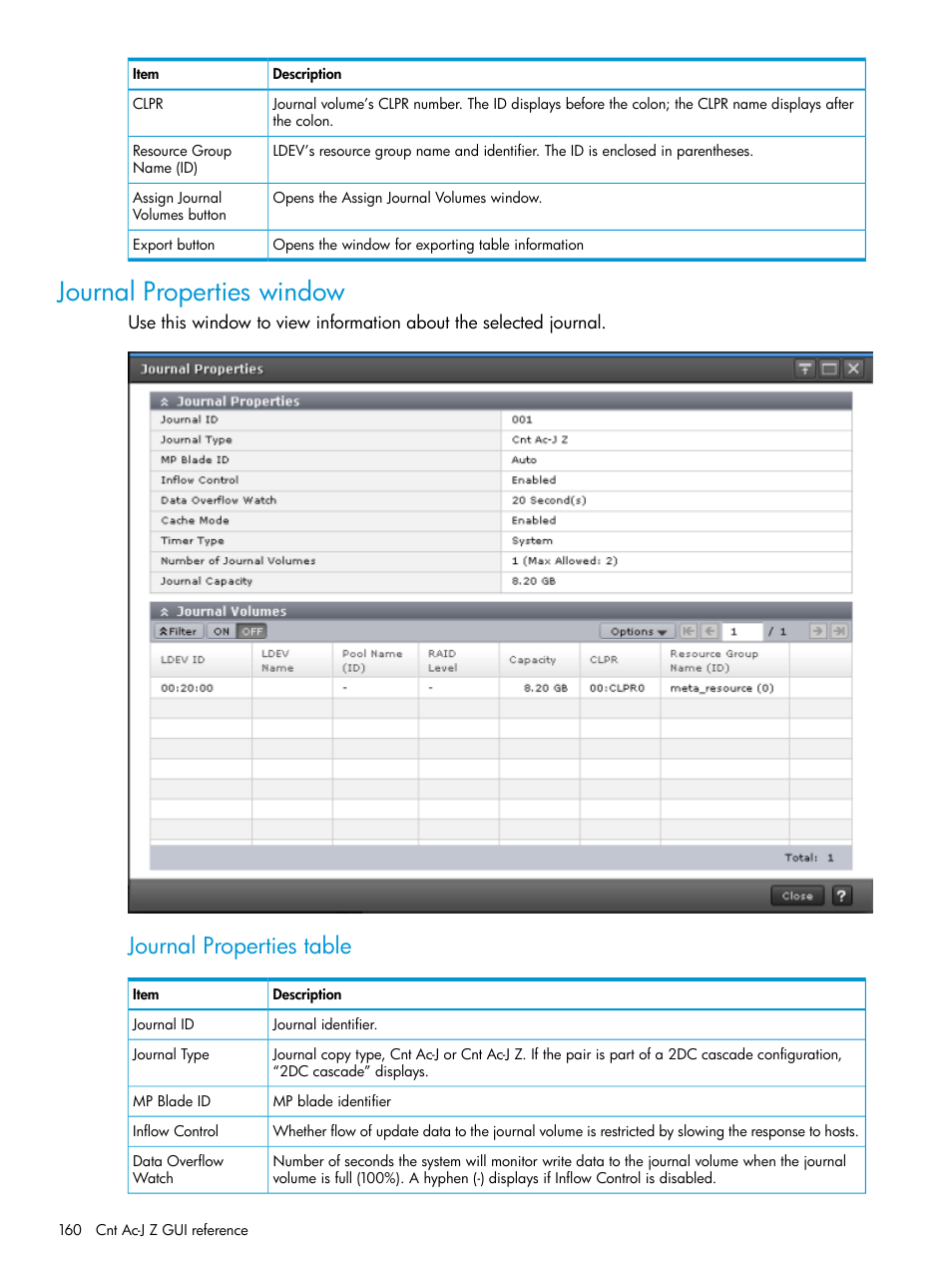 Journal properties window, Journal properties table | HP XP7 Storage User Manual | Page 160 / 208