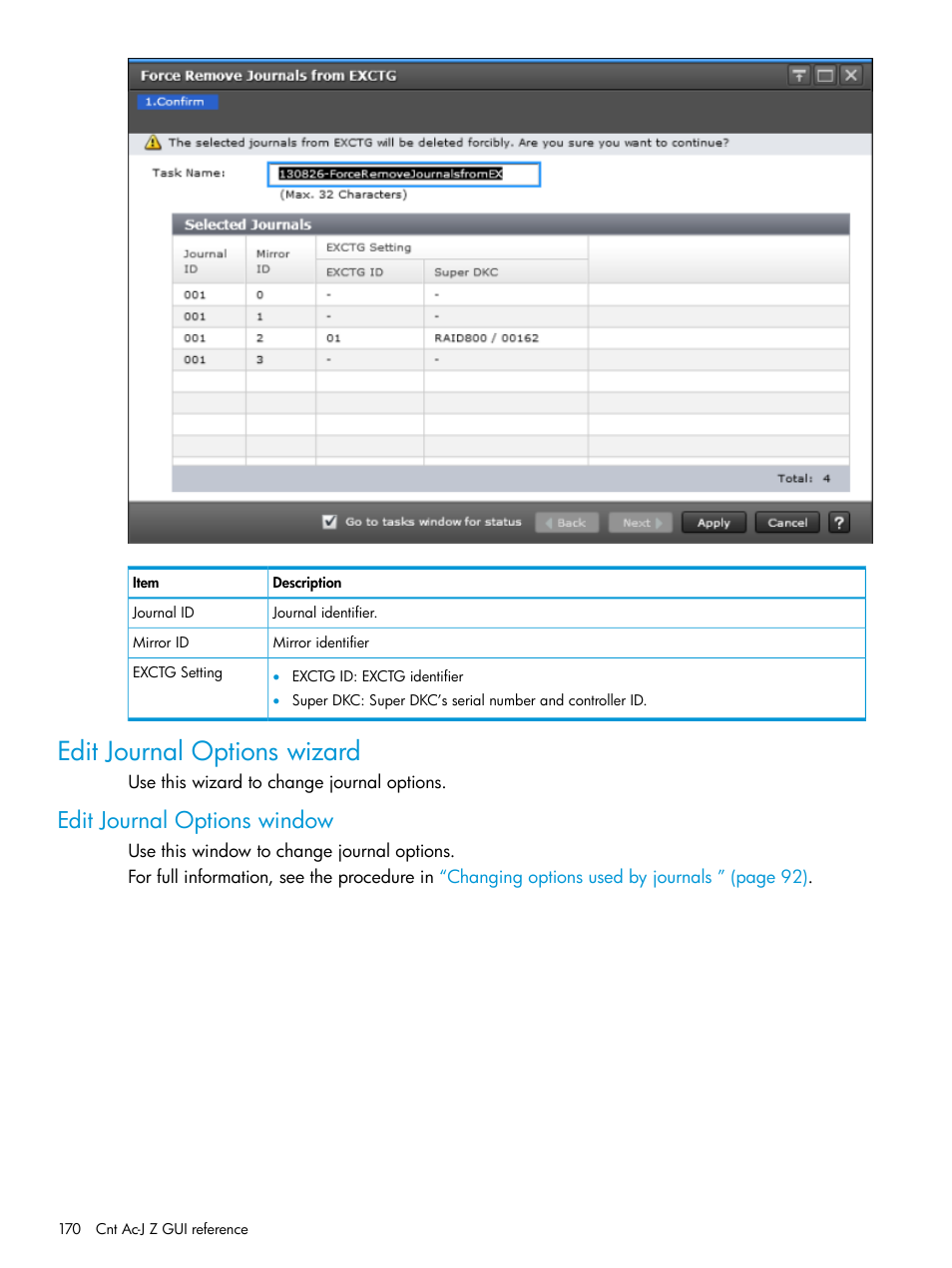 Edit journal options wizard, Edit journal options window | HP XP7 Storage User Manual | Page 170 / 208