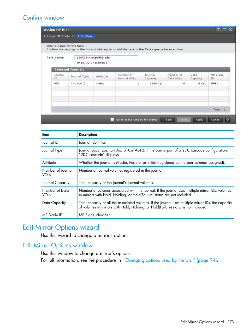 Confirm window, Edit mirror options wizard, Edit mirror options window | HP XP7 Storage User Manual | Page 173 / 208