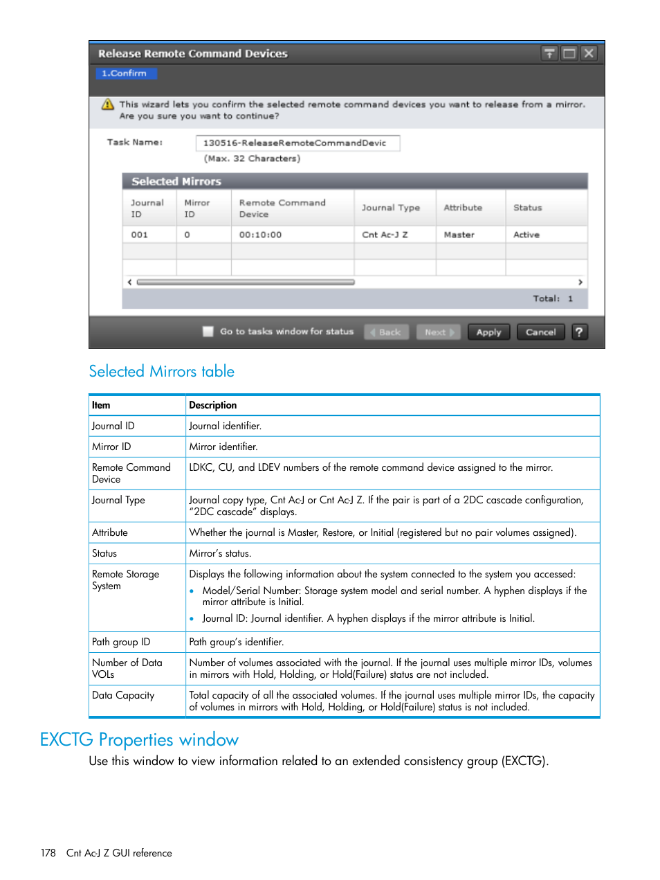 Exctg properties window, Selected mirrors table | HP XP7 Storage User Manual | Page 178 / 208