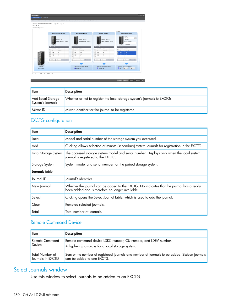 Select journals window, Exctg configuration, Remote command device | HP XP7 Storage User Manual | Page 180 / 208