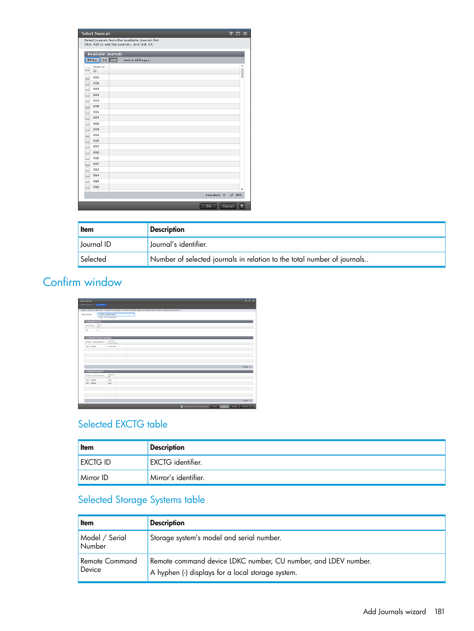 Confirm window, Selected exctg table, Selected storage systems table | HP XP7 Storage User Manual | Page 181 / 208