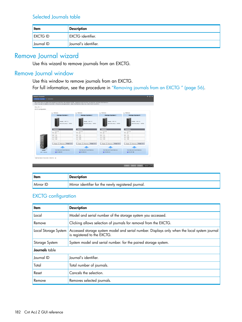 Remove journal wizard, Remove journal window, Selected journals table | Exctg configuration | HP XP7 Storage User Manual | Page 182 / 208
