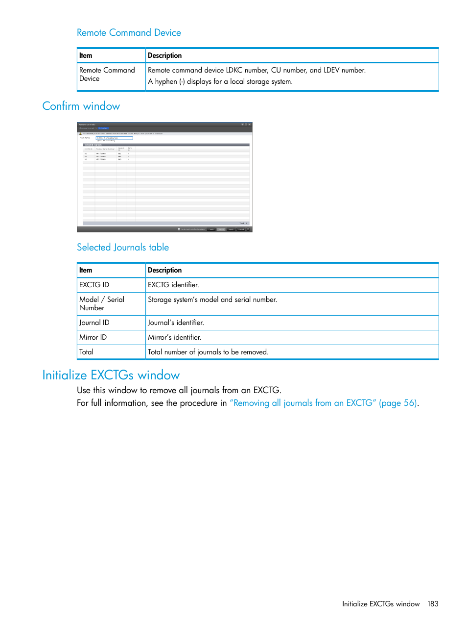 Confirm window, Initialize exctgs window, Remote command device | Selected journals table | HP XP7 Storage User Manual | Page 183 / 208