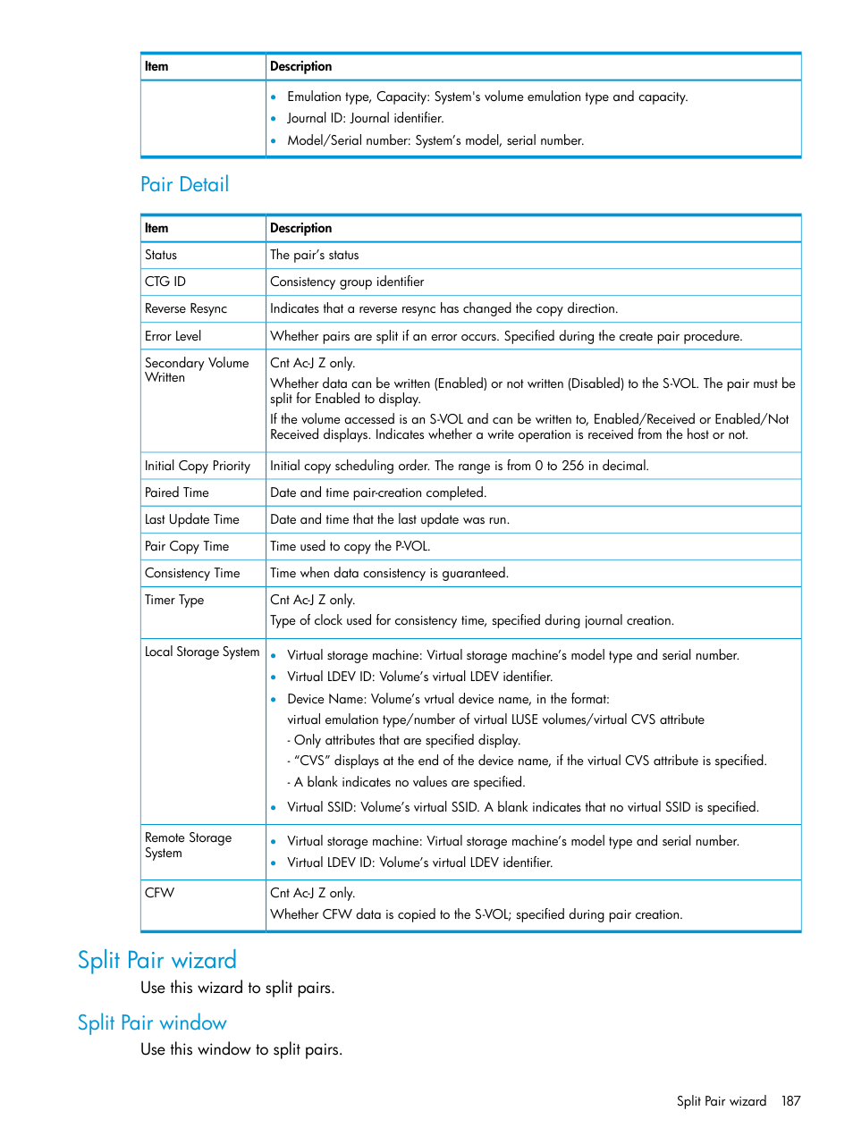 Split pair wizard, Split pair window, Pair detail | HP XP7 Storage User Manual | Page 187 / 208