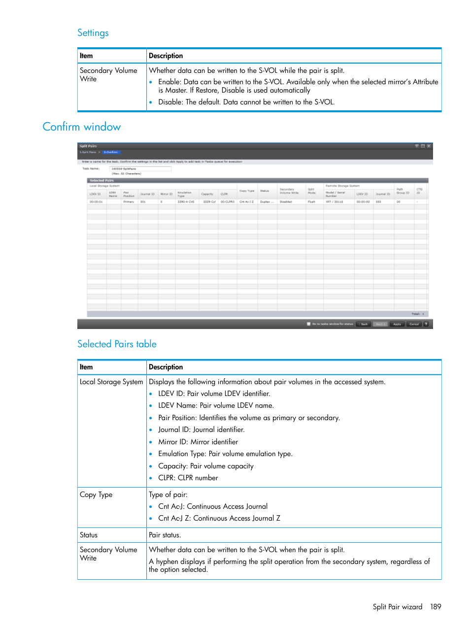 Confirm window, Settings, Selected pairs table | HP XP7 Storage User Manual | Page 189 / 208